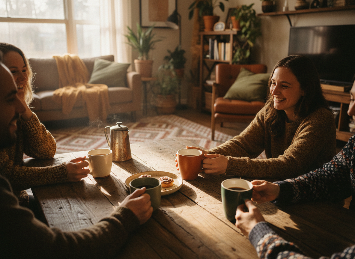 Cozy candid photograph of a small neighborhood gathering, hands holding coffee mugs around a wooden table, warm and welcoming home setting.