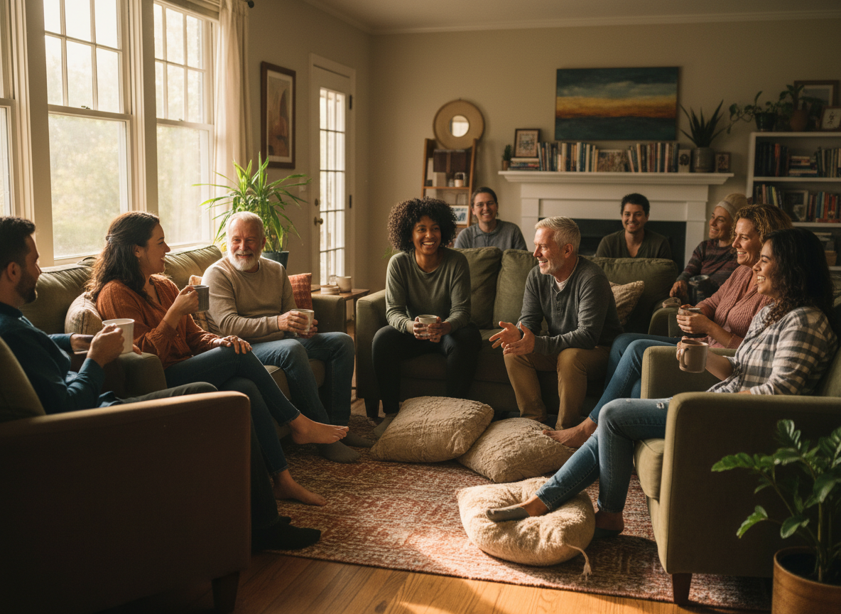 Warm, natural documentary-style photograph of a small friendly community group gathered casually in a cozy living room in a Birmingham, Alabama home.